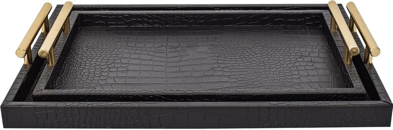 MACVAD Set of 2 Modern Elegant Large Wood Serving Tray, Rectangle Decorative Tray Ottoman Tay Coffee Table Tray, Black Crocodile Leather with Gold Polished Metal Handles - Image 1
